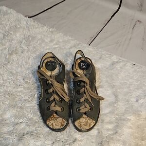 FLY London Black Slingback Wedge Sandals Lace‎ Up Peep Toe Casual Shoes Size 41